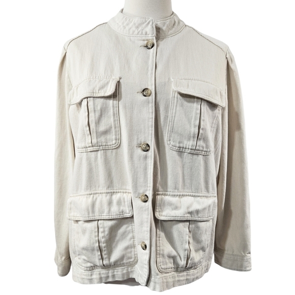 Old Navy 100% Cotton Ecru Cream Twill Utility Button-Up Jacket Stand Collar - Picture 1 of 10